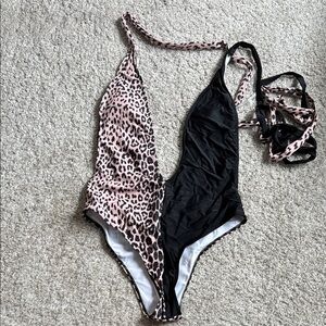 SHEIN Pink and Black One Piece Swimsuit with Asymmetrical Design